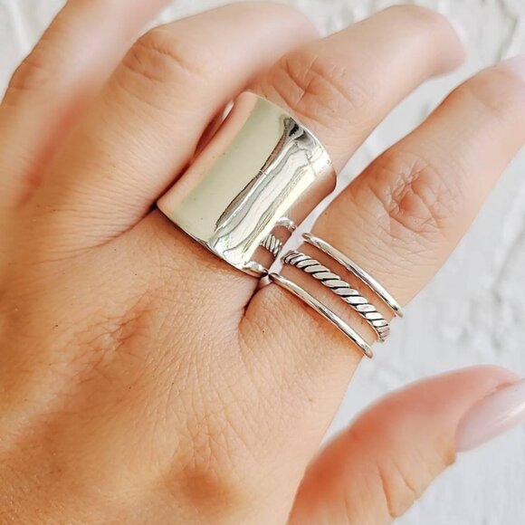 Women's 925 Sterling Silver Triple Band Three Stacking Ring Set Adjustable Thumb - Picture 4 of 10